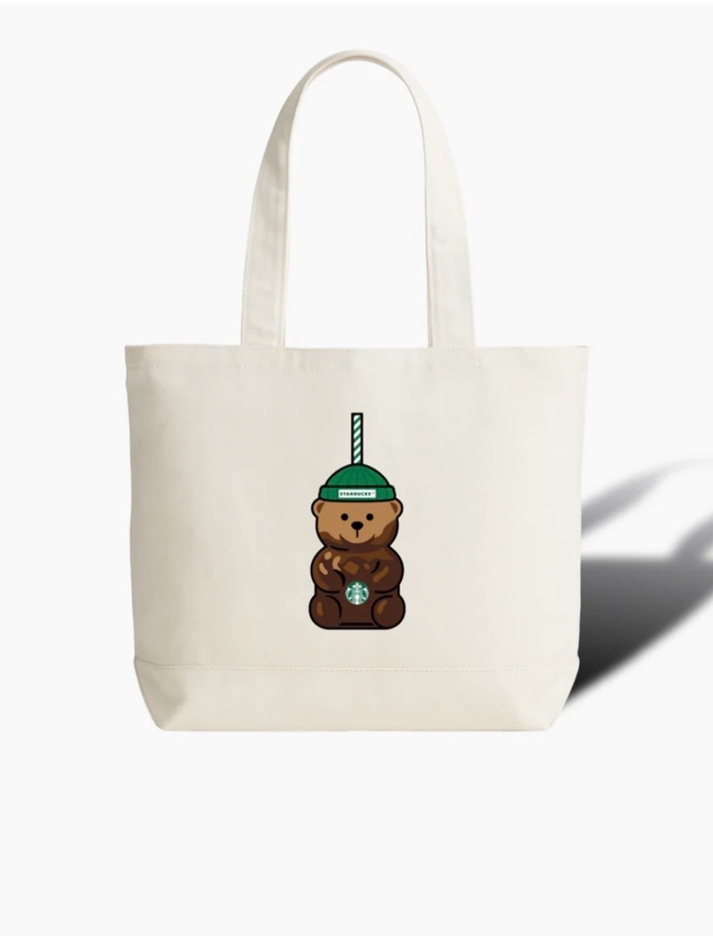 NWT Starbucks “Bearista” Cream Tote with Brown Bear and Green Cup Hat